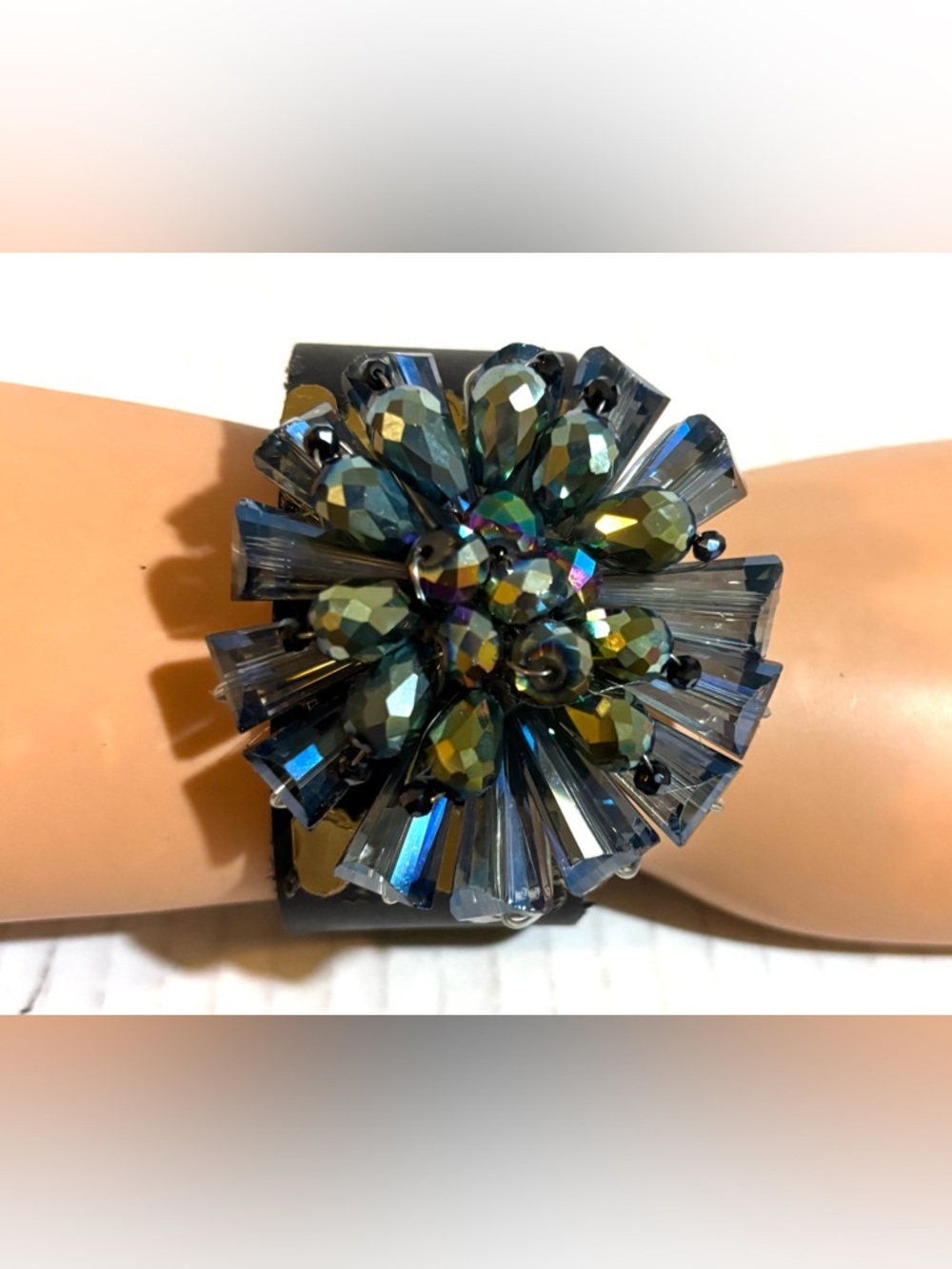 Blue-Green Crystal Burst Statement Cuff Bracelet